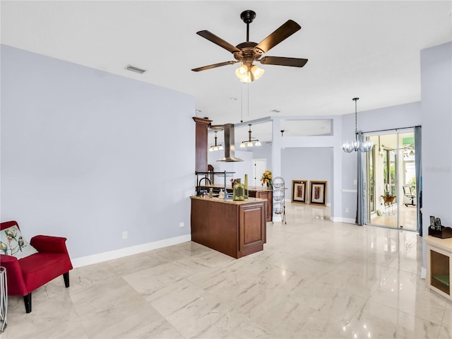1424 Ridge Shore Dr, Tarpon Springs, FL 34689 - office area with light marble finish flooring, ceiling fan, and a chandelier