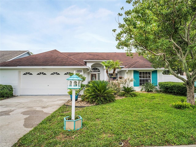 1424 Ridge Shore Dr, Tarpon Springs, FL 34689 - view of front of house with stucco siding, a front lawn, an attached garage, concrete driveway, and a shingled roof