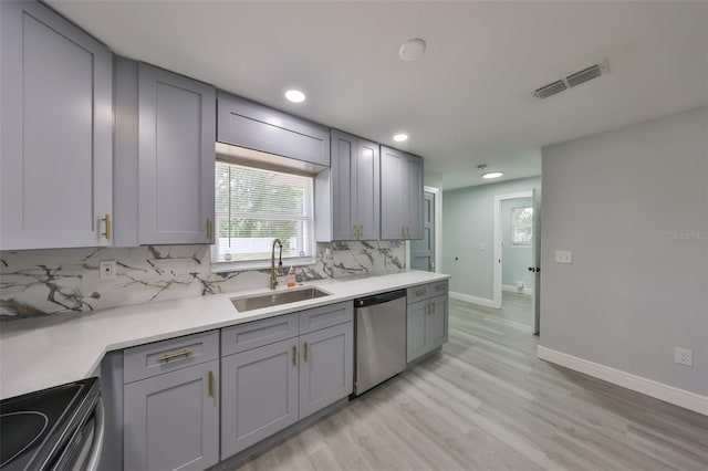 kitchen featuring visible vents, gray cabinets, tasteful backsplash, a sink, and dishwasher