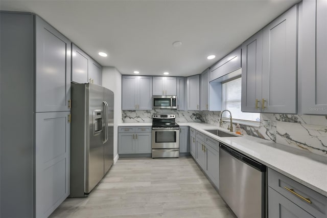 kitchen featuring decorative backsplash, gray cabinets, a sink, stainless steel appliances, and light wood-style flooring