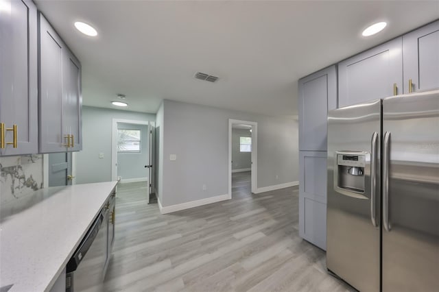 kitchen with baseboards, recessed lighting, light wood-type flooring, appliances with stainless steel finishes, and gray cabinetry