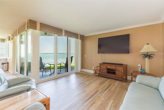 living room featuring baseboards, ornamental molding, and light wood-type flooring