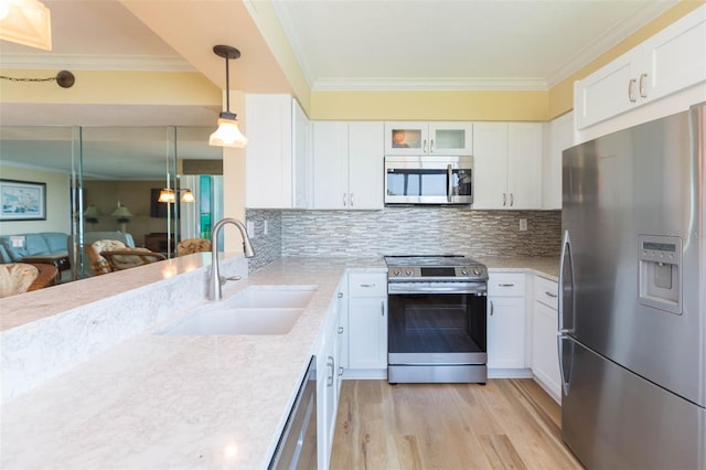 kitchen with crown molding, stainless steel appliances, a sink, and light wood-type flooring