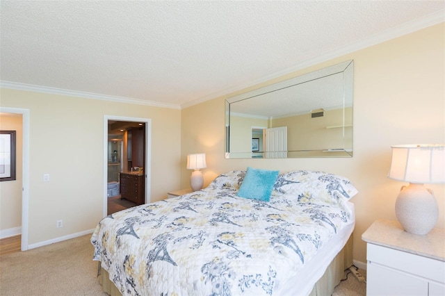 bedroom with crown molding, a textured ceiling, baseboards, and light colored carpet