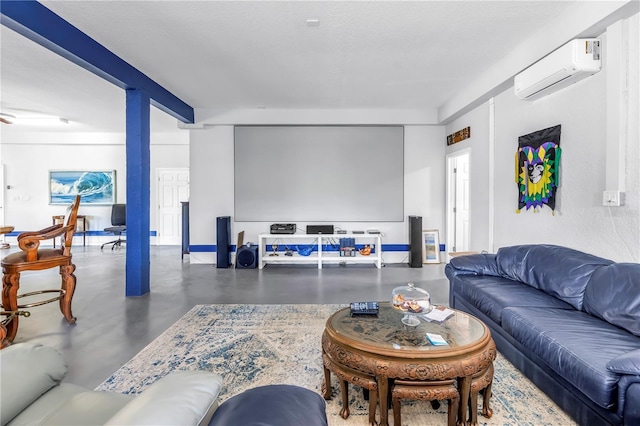 living room featuring finished concrete floors and a wall mounted air conditioner