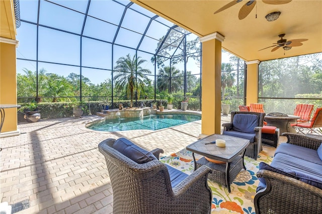 view of patio featuring visible vents, an outdoor living space with a fire pit, an outdoor pool, a ceiling fan, and glass enclosure