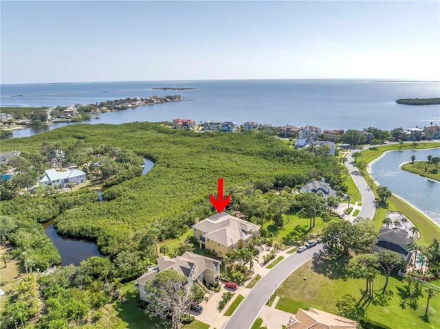 bird's eye view with a water view