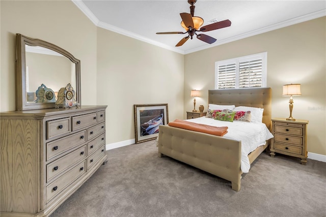 carpeted bedroom with crown molding, baseboards, and ceiling fan