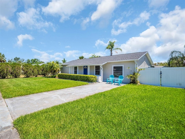 exterior space featuring driveway, a front lawn, fence, and a gate