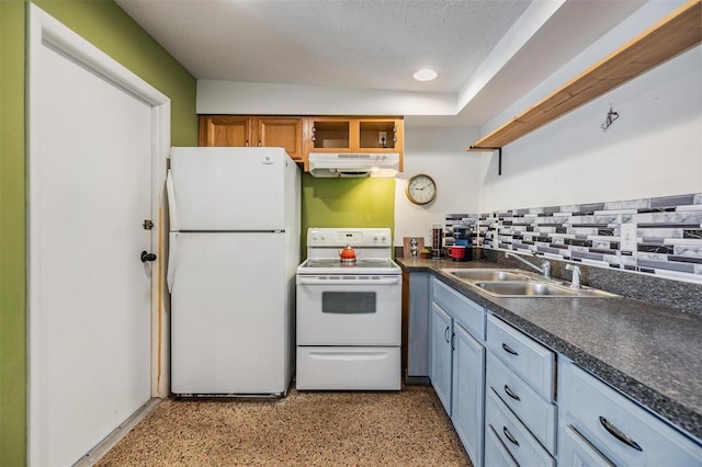 kitchen featuring open shelves, dark countertops, white appliances, under cabinet range hood, and a sink