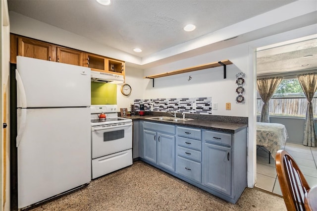 kitchen featuring open shelves, dark countertops, a sink, white appliances, and under cabinet range hood