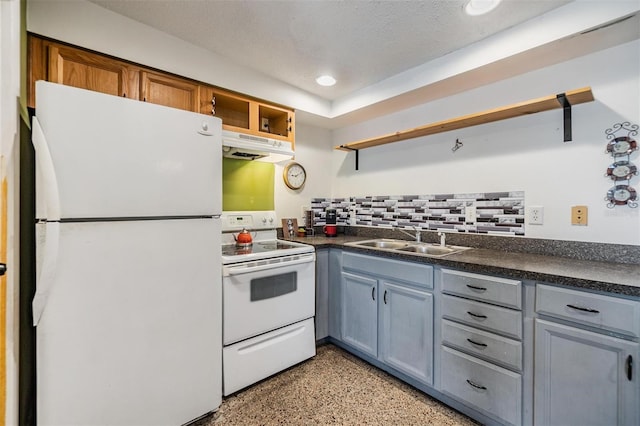 kitchen with open shelves, dark countertops, a sink, white appliances, and under cabinet range hood