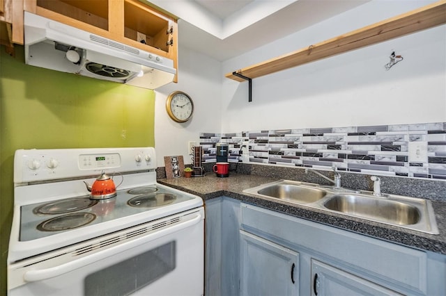 kitchen with a sink, dark countertops, white electric range, and under cabinet range hood