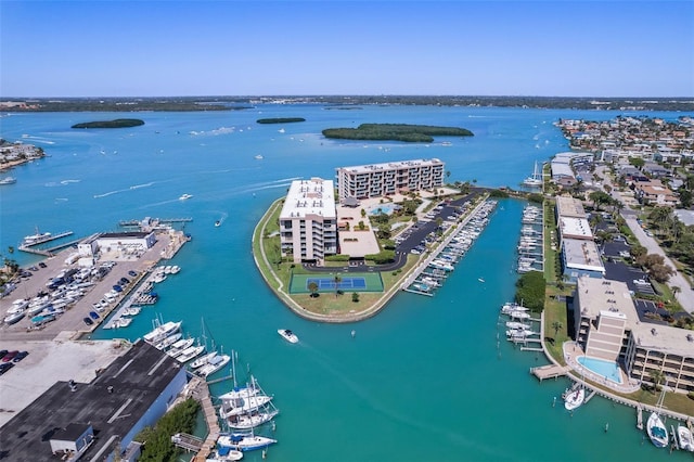 bird's eye view with a water view