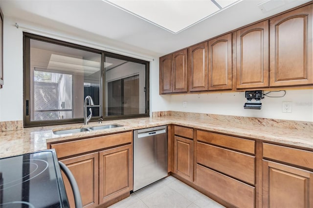 4002 Cypress Ct Unit 4002, Tampa, FL 33618 - kitchen with brown cabinetry, electric range, stainless steel dishwasher, a sink, and light tile patterned floors