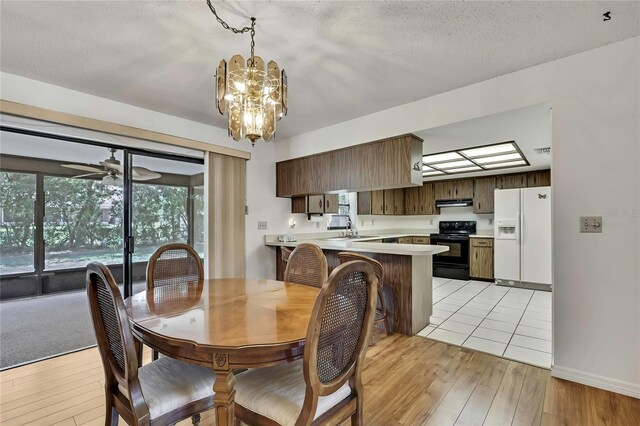 883 N Hollywood Cir, Crystal River, FL 34429 - dining room with baseboards, a textured ceiling, light wood-style flooring, and ceiling fan with notable chandelier