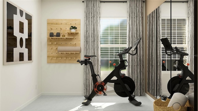 exercise room featuring baseboards and carpet