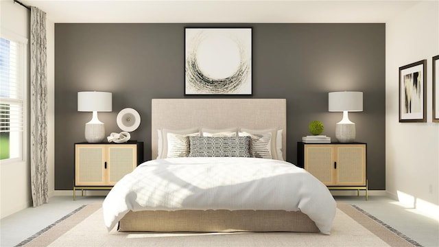 bedroom with carpet flooring and baseboards