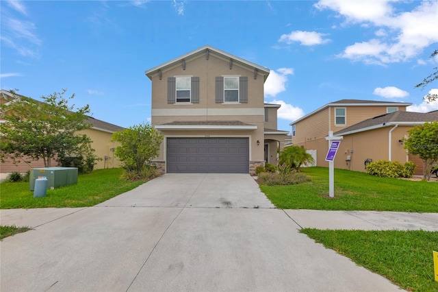 traditional home with a front lawn, stone siding, a garage, stucco siding, and driveway