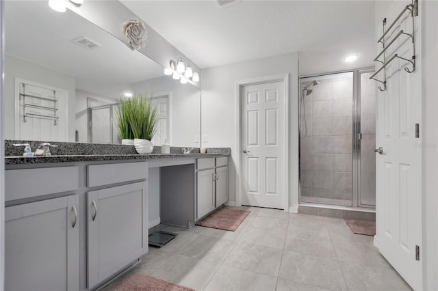 bathroom with vanity, tile patterned flooring, a shower stall, and visible vents