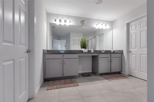 full bath featuring vanity, tile patterned flooring, a stall shower, and visible vents