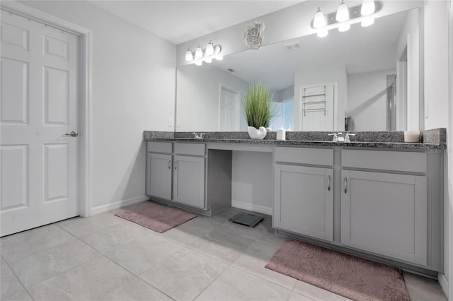 bathroom featuring baseboards, vanity, tile patterned floors, and visible vents