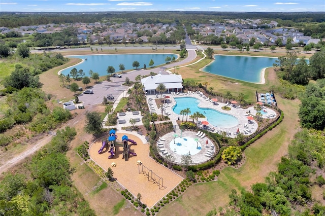 aerial view featuring a water view