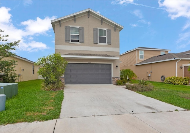 5068 Little Stream Ln, Wesley Chapel, FL 33545 - traditional-style house with stucco siding, a garage, a front lawn, driveway, and stone siding