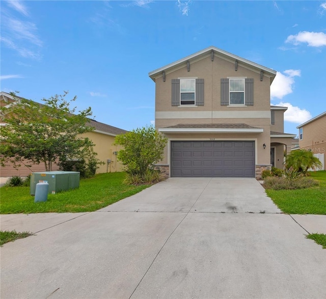 5068 Little Stream Ln, Wesley Chapel, FL 33545 - traditional home with stucco siding, an attached garage, stone siding, concrete driveway, and a front yard