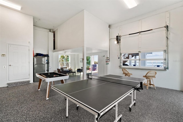 recreation room with a high ceiling