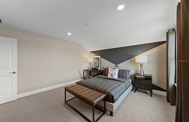 bedroom with recessed lighting, baseboards, light colored carpet, and lofted ceiling