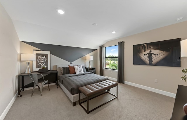 bedroom with recessed lighting, baseboards, vaulted ceiling, and light carpet