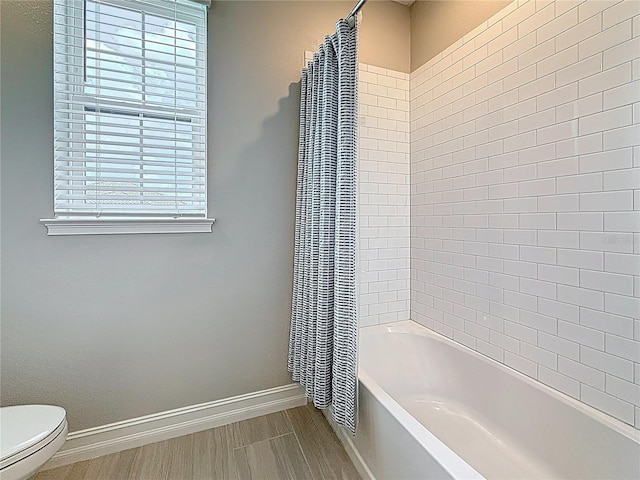 18203 Pine Hammock Blvd, Lutz, FL 33548 - bathroom with toilet, baseboards, plenty of natural light, and shower / tub combo with curtain