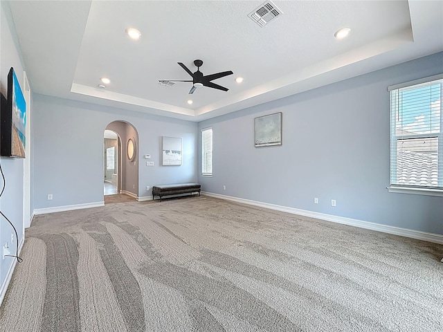 18203 Pine Hammock Blvd, Lutz, FL 33548 - spare room with a raised ceiling, ceiling fan, arched walkways, carpet, and plenty of natural light