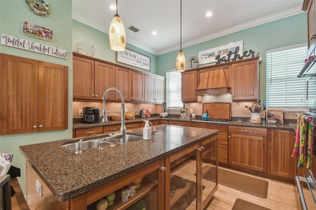 1326 Apollo Beach Blvd S, Apollo Beach, FL 33572 - kitchen featuring a sink, backsplash, custom exhaust hood, and brown cabinets