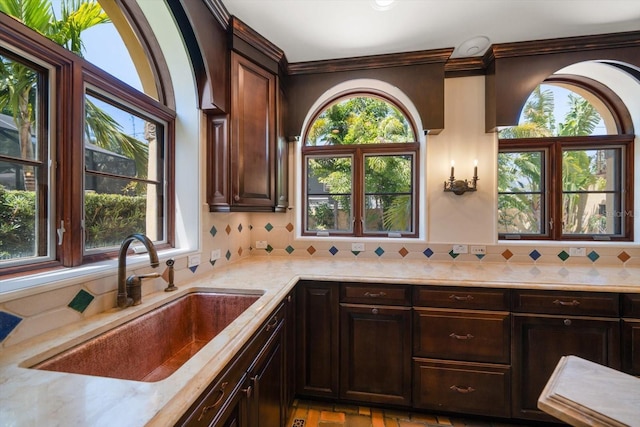 kitchen featuring a sink, tasteful backsplash, dark brown cabinetry, and a wealth of natural light