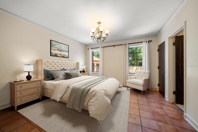 bedroom with baseboards, a chandelier, ornamental molding, and light tile patterned floors