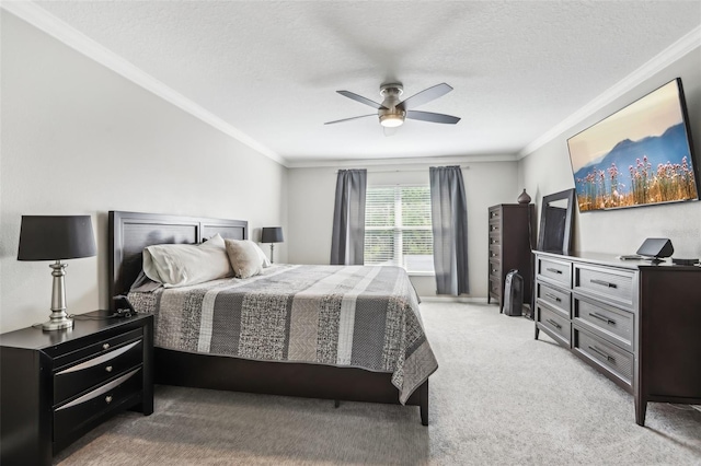 3046 Donington Castle Ln, Land O Lakes, FL 34638 - bedroom featuring ornamental molding, light carpet, ceiling fan, and a textured ceiling
