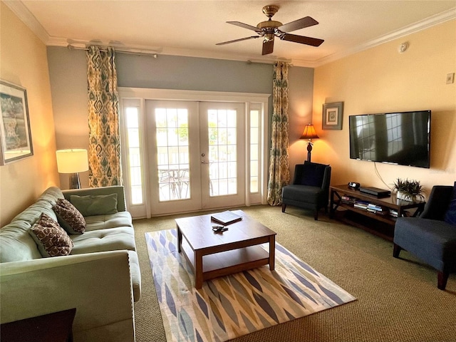 7673 Heritage Crossing Way Unit 202, Reunion, FL 34747 - living room with french doors, ornamental molding, carpet, and ceiling fan