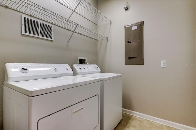 washroom with laundry area, visible vents, baseboards, electric panel, and independent washer and dryer