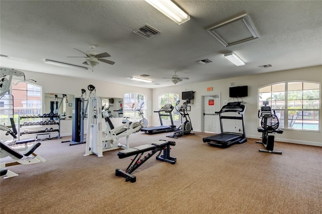 gym with carpet floors, ceiling fan, and visible vents