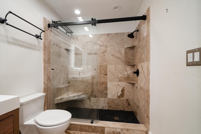 full bath featuring vanity, recessed lighting, a stall shower, and toilet