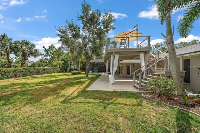 view of yard with stairs, a patio area, fence, and a deck