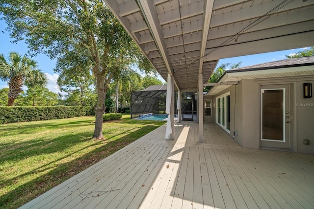 wooden terrace featuring a fenced in pool, glass enclosure, and a yard