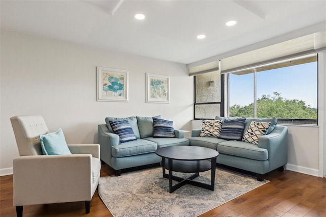 living area with recessed lighting, baseboards, and wood finished floors