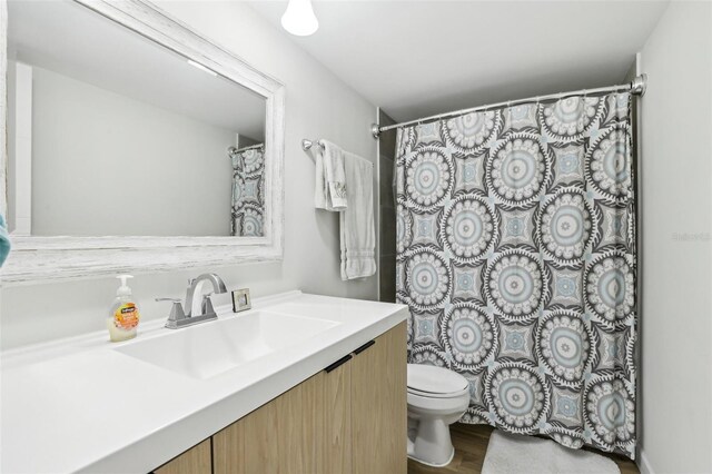 bathroom with vanity, toilet, and wood finished floors