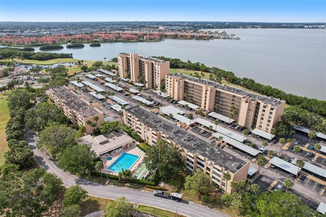 bird's eye view with a water view
