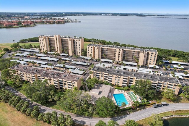 aerial view featuring a water view