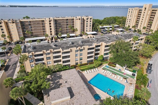 birds eye view of property featuring a water view