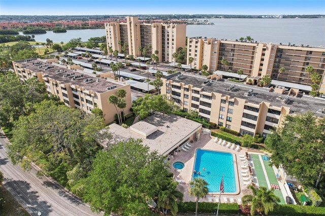 bird's eye view with a water view